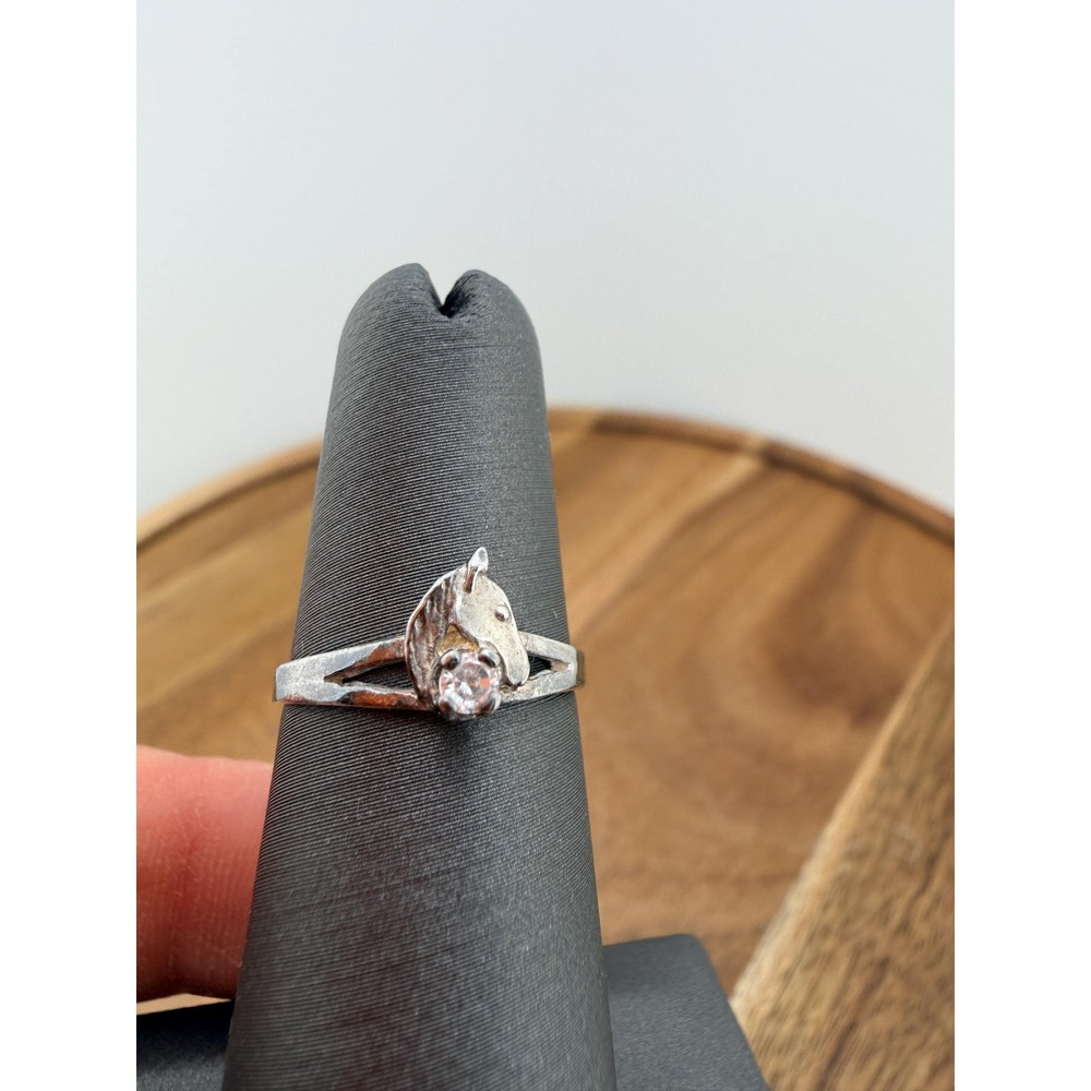 Vintage Sterling Silver Horse Head Ring Size 4.5 Clear Stone Horse Lover Gift